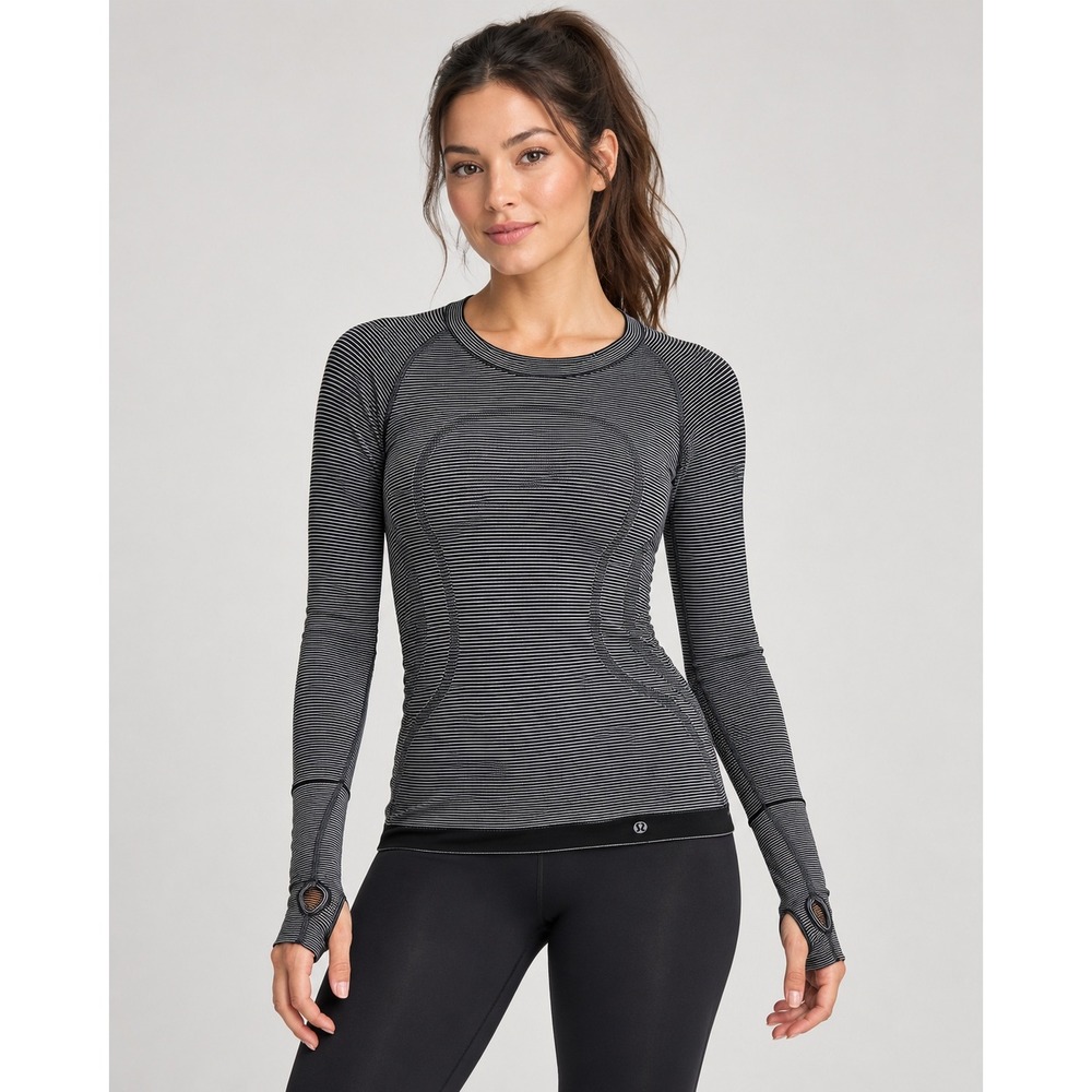 Lululemon Swiftly Tech Long Sleeve Women 6 Black White Stripe Thumbhole Running